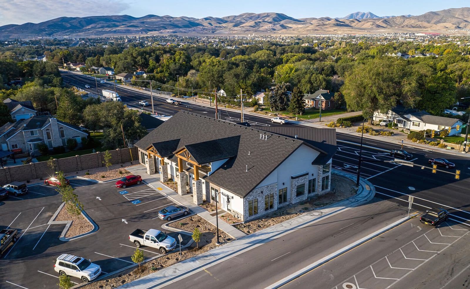 Aerial view of 14003 South Redwood Road at the intersection in Bluffdale