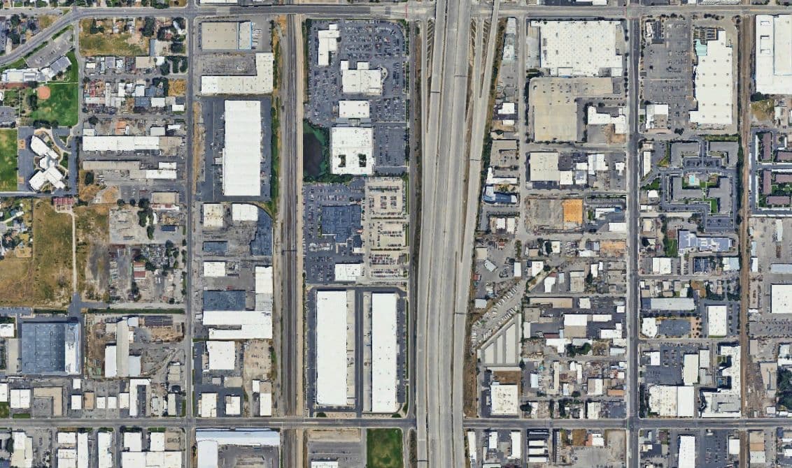 Aerial view of the industrial district around the 1526 South 700 West yard in Salt Lake City