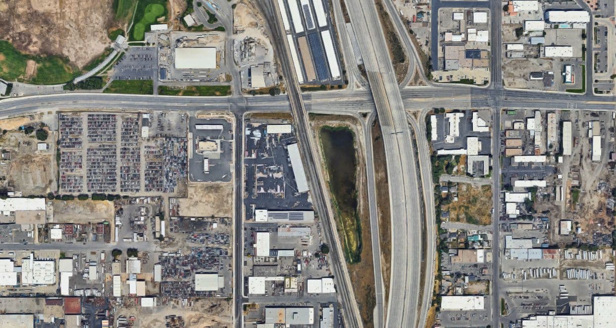 Aerial view of the 3350 South 500 West flex lot in South Salt Lake