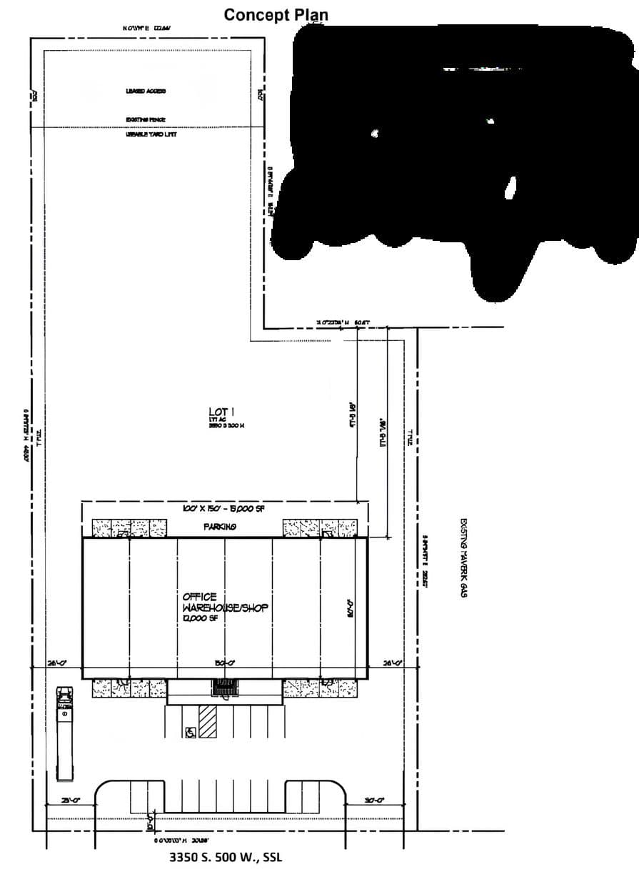 Concept site plan for a build to suit building at 3350 South 500 West in South Salt Lake