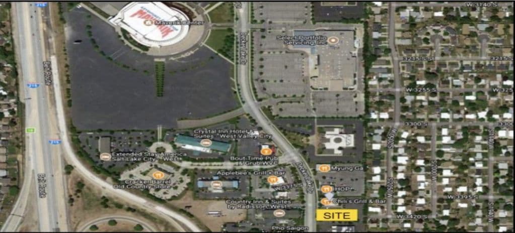 Aerial view of 3423 Decker Lake Drive near the Maverik Center in West Valley City