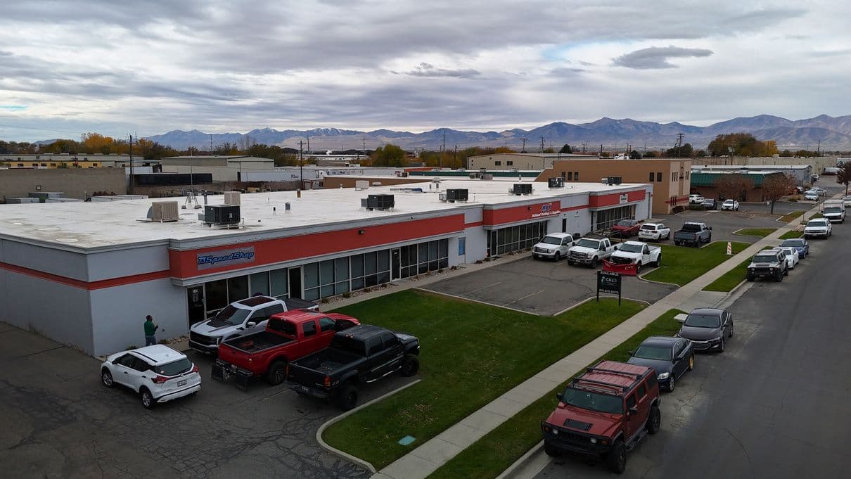 Aerial view of the building and parking at 549 West 3560 South on Billinis Road in South Salt Lake