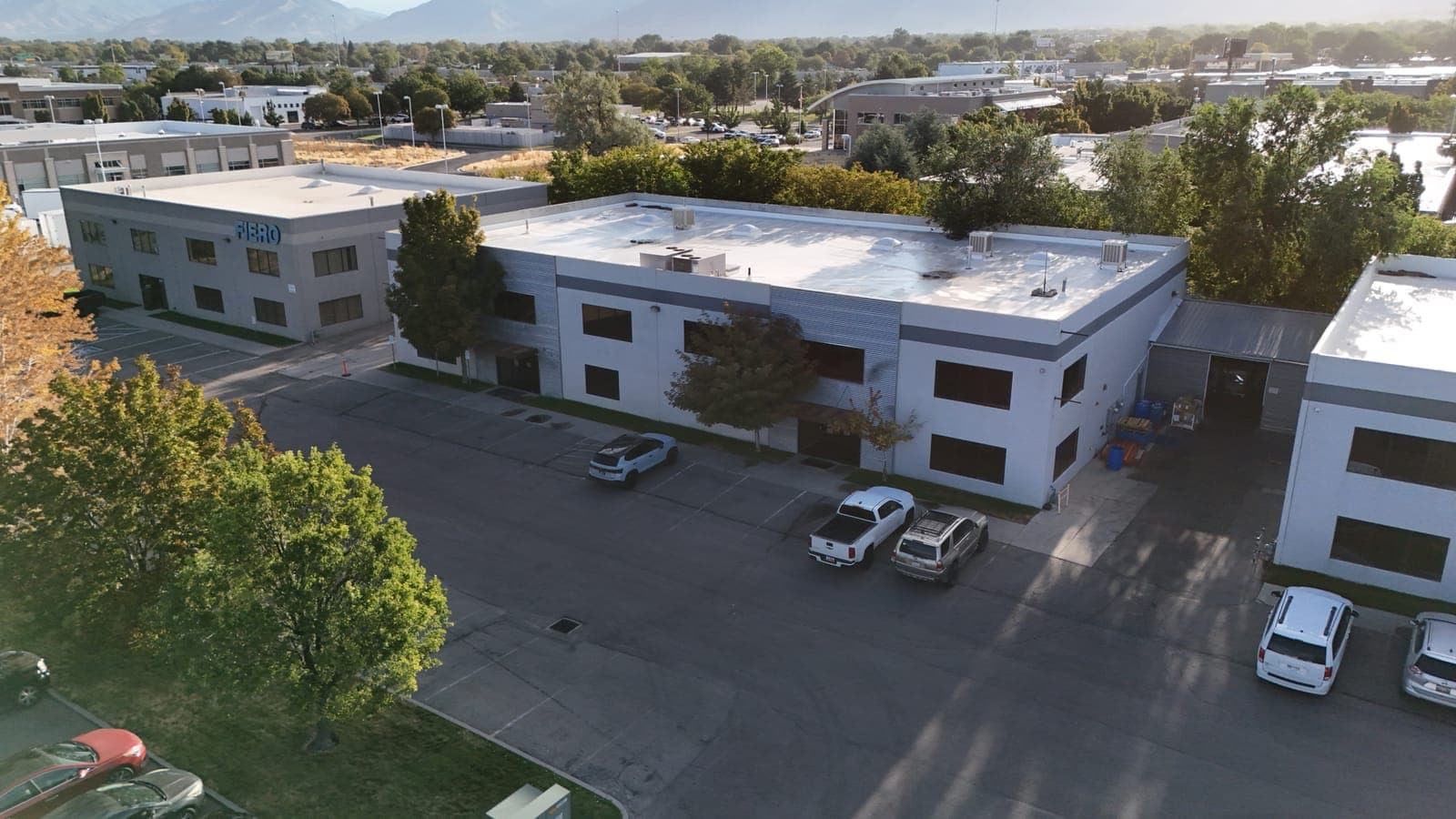Aerial view of the two-story flex building at 8687 South 700 West in Sandy