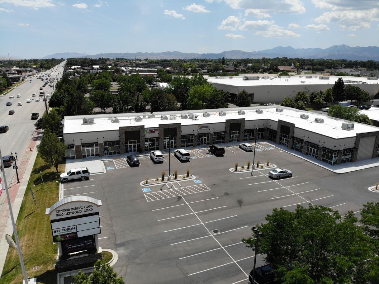 Aerial of the retail center along Redwood Road at 8860 South in West Jordan